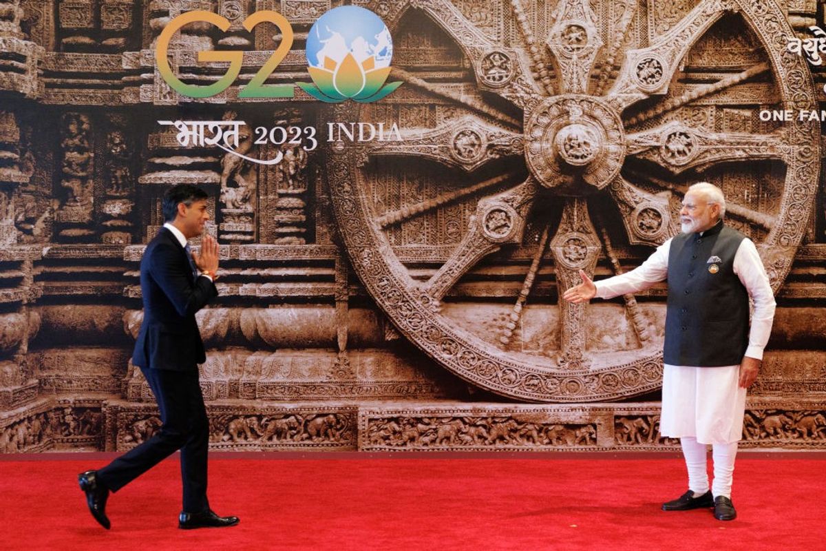 Indian prime minister Narendra Modi of India welcomes his British counterpart Rishi Sunak at the G20 leaders' summit in New Delhi