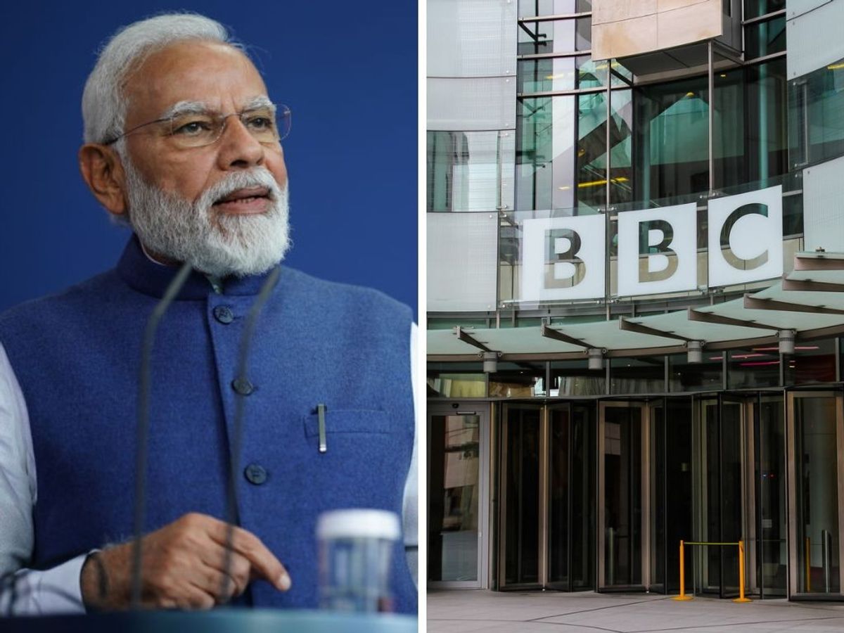 Indian prime minister Narendra Modi (Photo by Clemens Bilan - Pool/Getty Images) and BBC building, London.