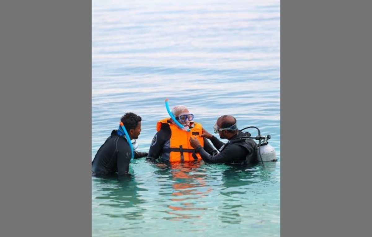 Indian prime minister Narendra Modi prepares for snorkelling on one of the pristine beaches in Lakshadweep