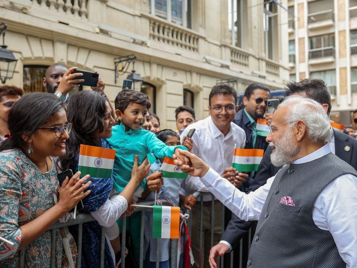 Indian prime minister Narendra Modi receives a warm welcome from the Indian community, in Paris, France