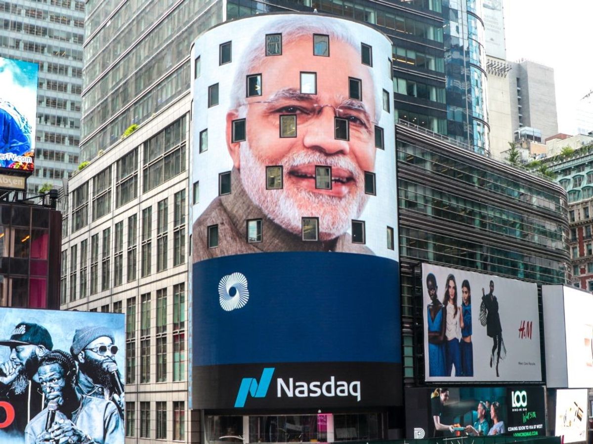 Indian prime minister Narendra Modi's portrait on display, in Washington DC