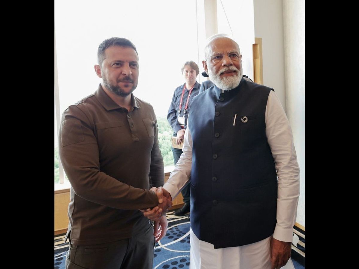 Indian prime minister Narendra Modi shakes hands with Ukrainian president Volodymyr Zelensky during a bilateral meeting on the sidelines of the G7 Summit in Hiroshima, Japan,