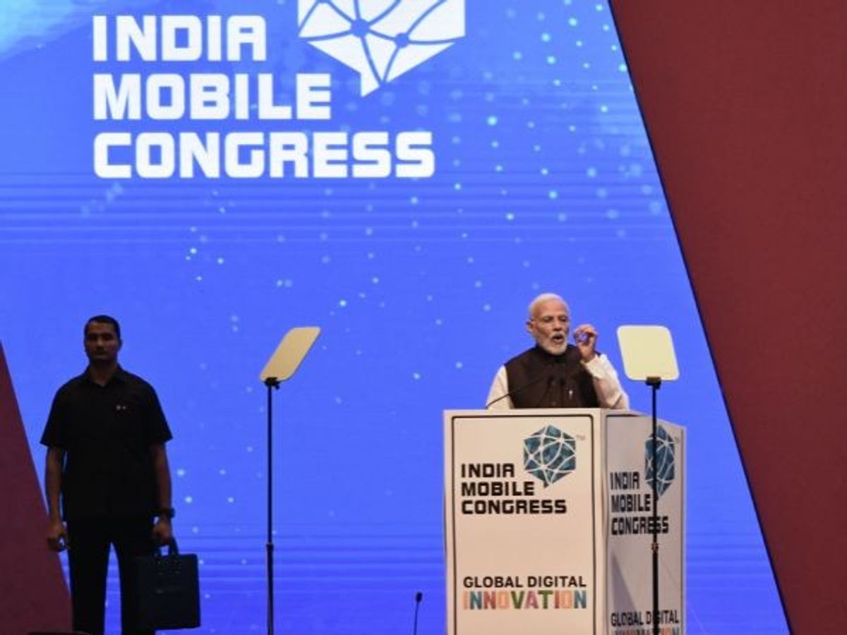 Indian prime minister Narendra Modi speaks at India Mobile Congress in New Delhi on October 17, 2023.