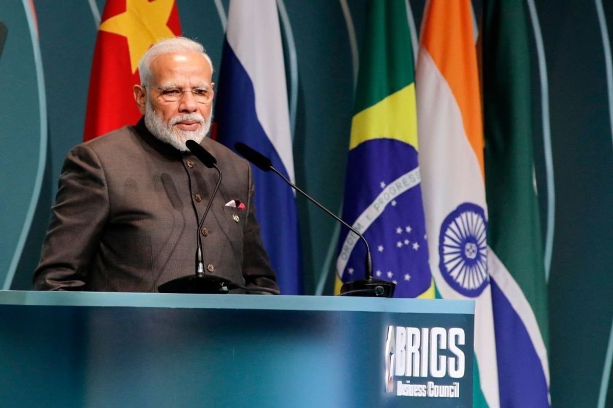 Indian prime minister Narendra Modi speaks at the BRICS Business Council meeting in Brasilia, Brazil, in 2019.