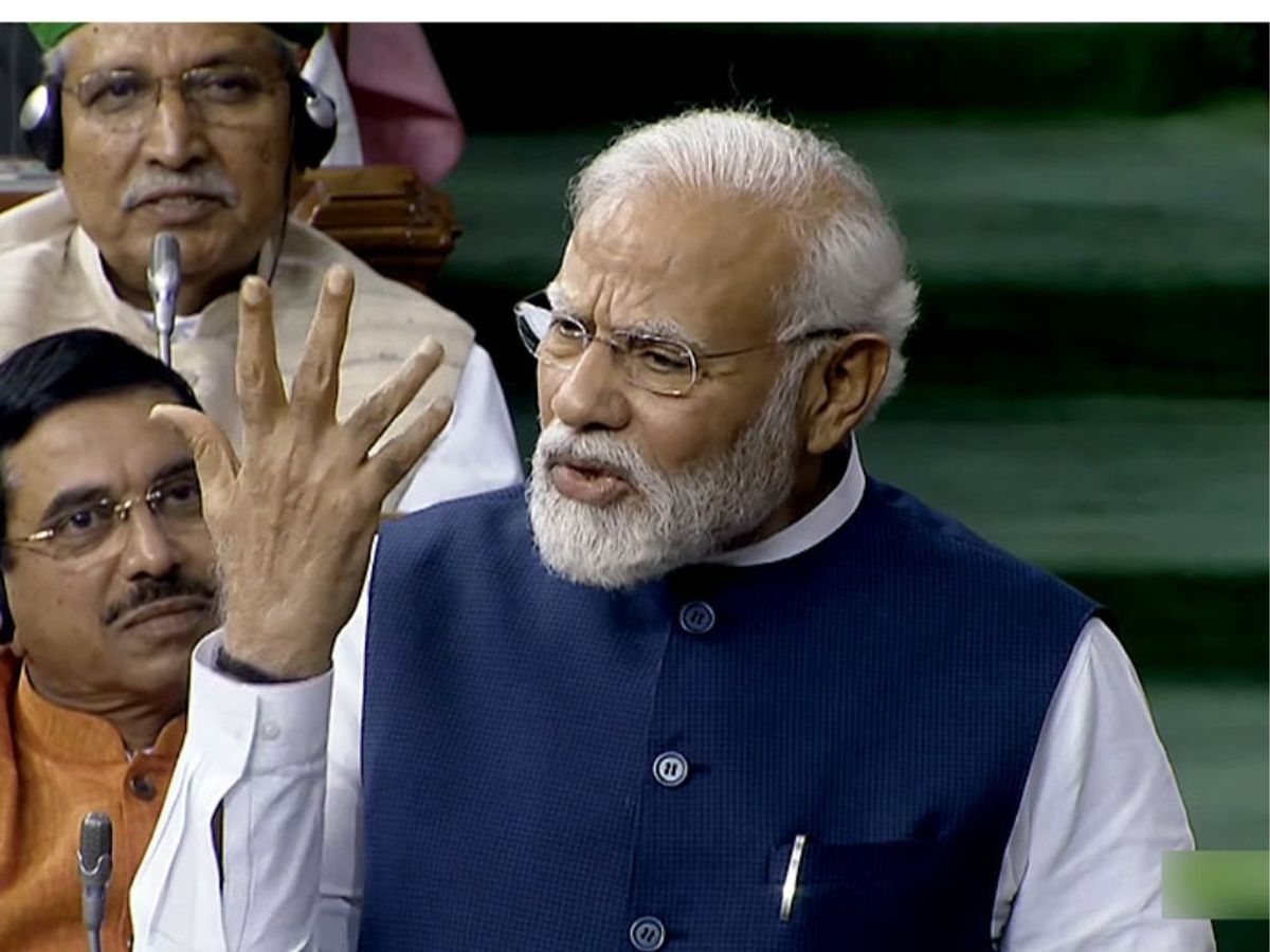 Indian prime minister Narendra Modi speaks during a debate on a no confidence motion in the Lok Sabha in the monsoon session of parliament, in New Delhi