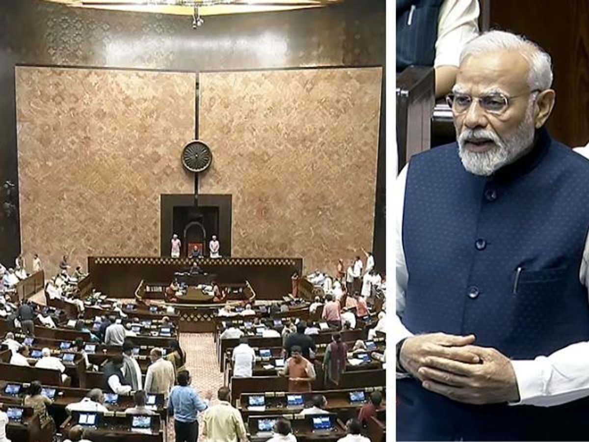 Indian prime minister Narendra Modi speaks on women's reservation bill in the Rajya Sabha or Upper House of the Indian parliament.