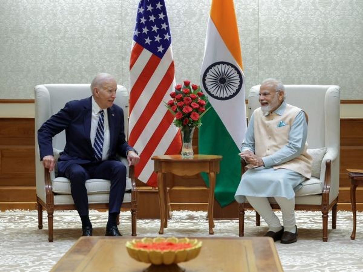 Indian prime minister Narendra Modi speaks with US president Joe Biden at his residence in New Delhi on September 8, 2023.