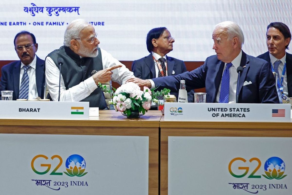 Indian prime minister Narendra Modi speaks with US president Joe Biden at the G20 summit in New Delhi,