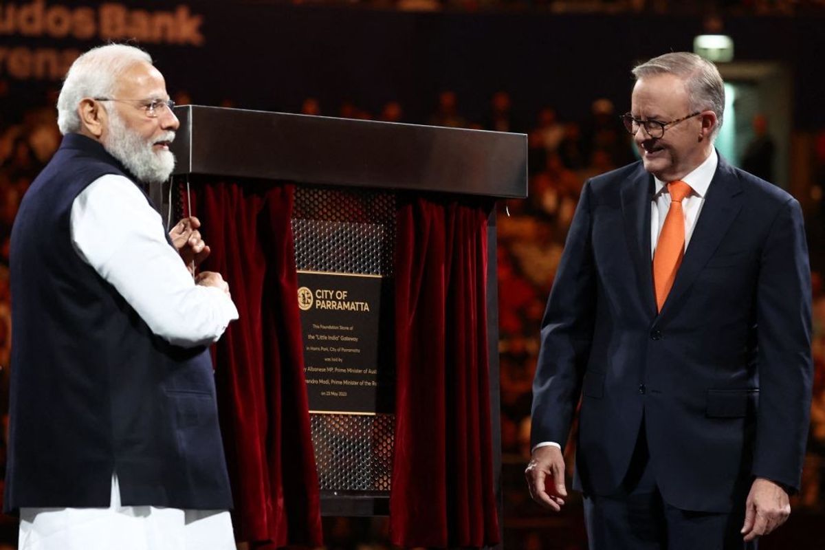 Indian prime minister Narendra Modi unveils a foundation stone for a soon-to-be-constructed "Little India" Gateway