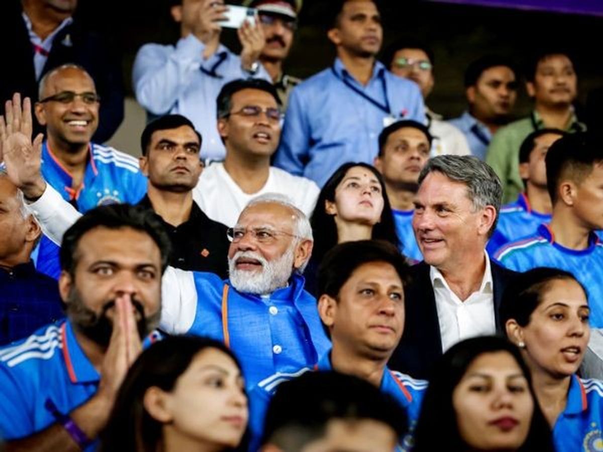 Indian prime minister Narendra Modi with Australian deputy prime minister and defence minister Richard Marles during the ICC Men's Cricket World Cup 2023 final match between India and Australia, at Narendra Modi Stadium in Ahmedabad, India,