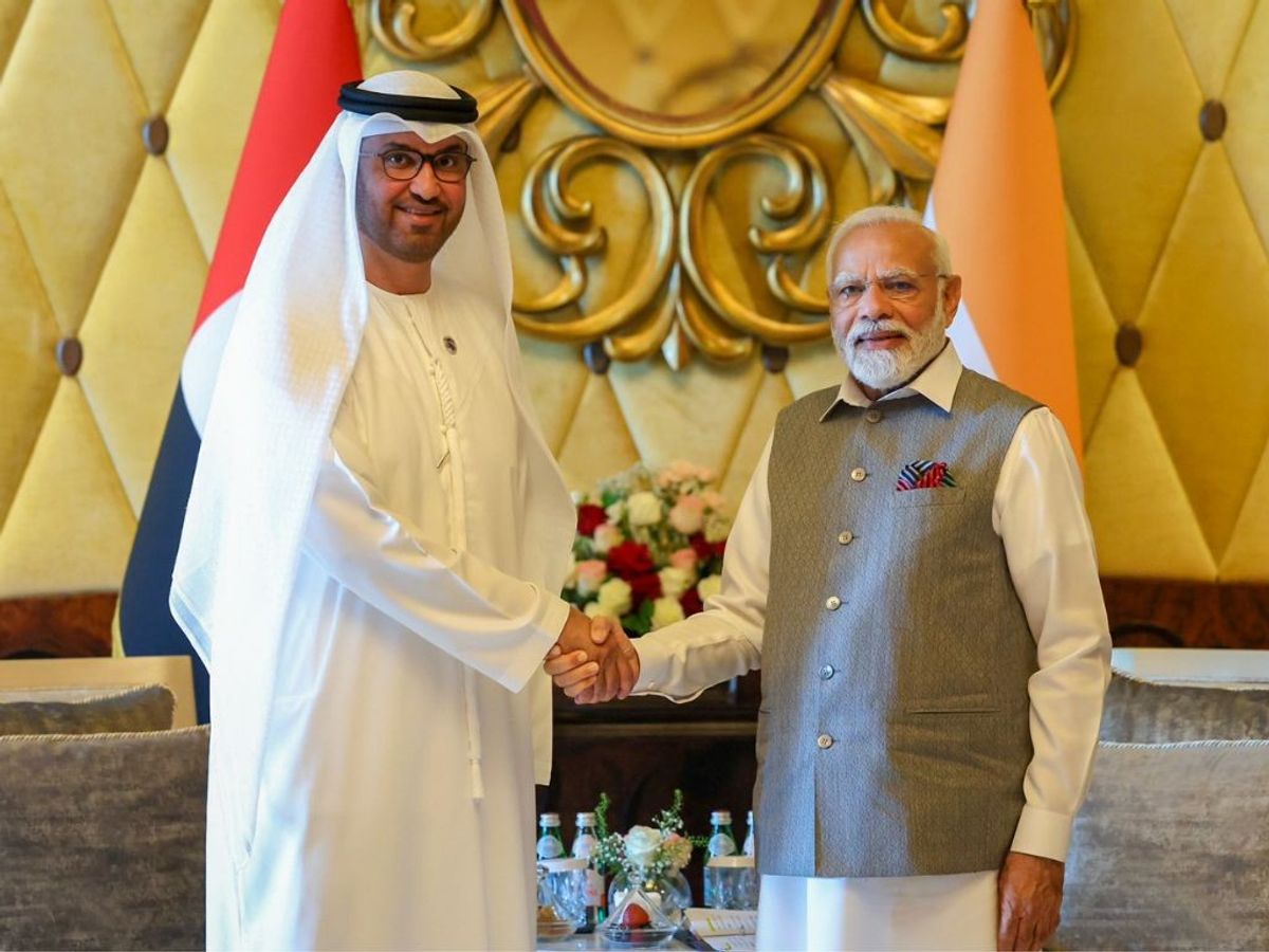 Indian prime minister Narendra Modi with Dr Sultan Al Jaber, president-designate of UAE COP28, in Abu Dhabi, UAE,