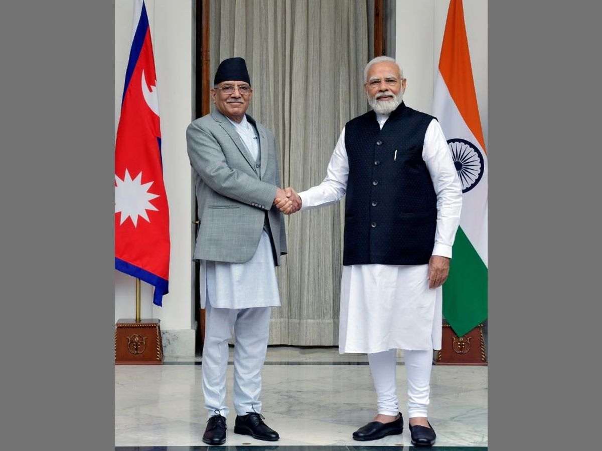 Indian prime minister Narendra Modi with his Nepali counterpart Pushpa Kamal Dahal 'Prachanda' at Hyderabad House in New Delhi