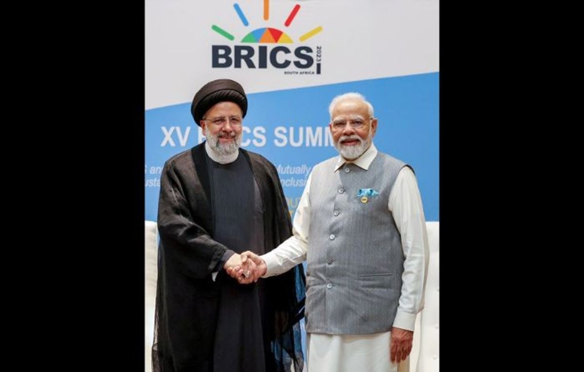 Indian prime minister Narendra Modi with late Iranian president Ebrahim Raisi on the sidelines of the BRICS Summit in Johannesburg in South Africa