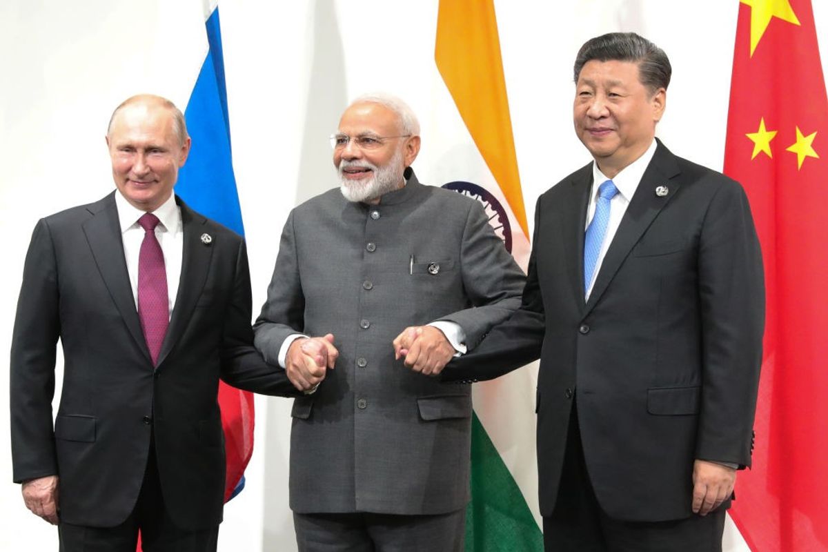 Indian prime minister Narendra Modi with Russian president Vladimir Putin and Chinese president Xi Jinping