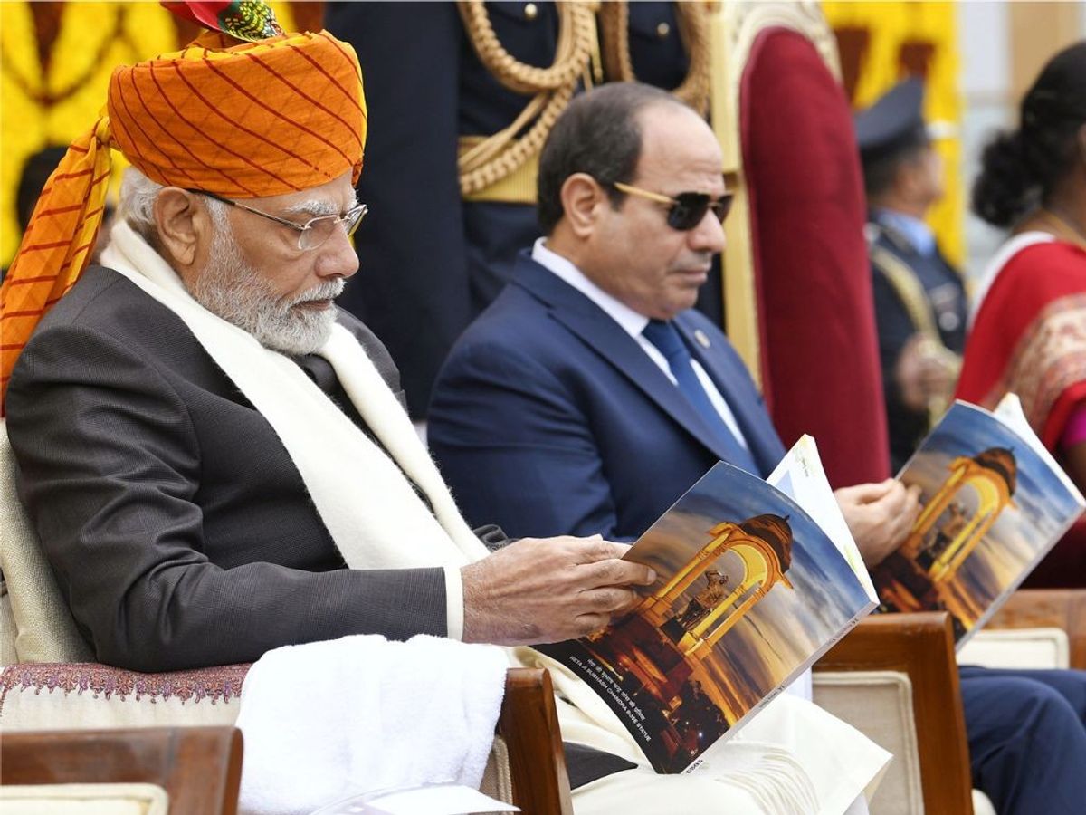 Indian prime minister Narendra Modi with the Egyptian president Abdel Fattah El-Sisi at Republic Day 2023 celebrations