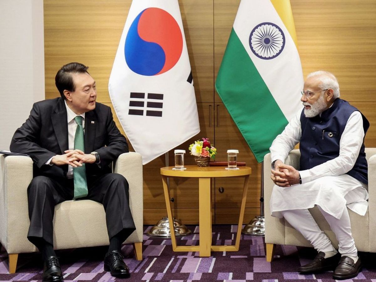 Indian prime minister Narendra Modi with the president of South Korea, Yoon Suk Yeol during a bilateral meeting in Hiroshima, Japan