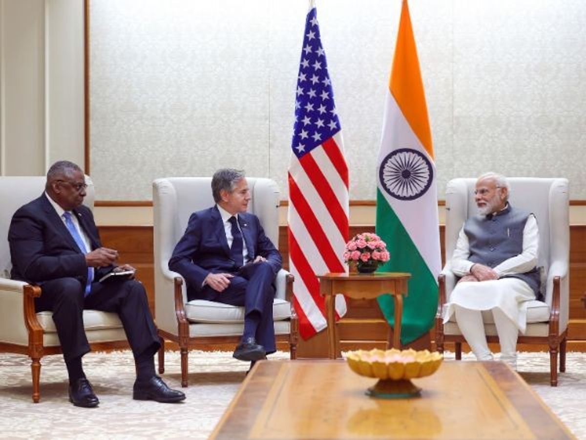 Indian prime minister Narendra Modi with US secretary of state Antony Blinken (second from left) and US defence secretary Lloyd Austin (left), in New Delhi,