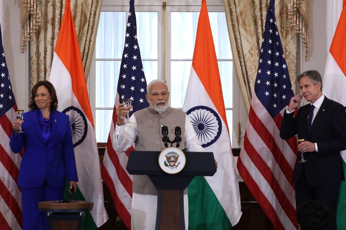 Indian prime minister Narendra Modi with US vice president Kamala Harris and secretary of state Antony Blinken.