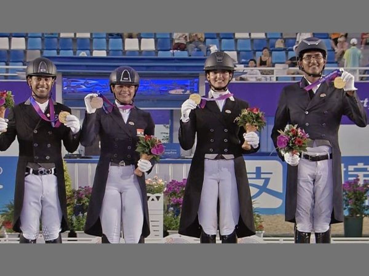 Indian team wins historic equestrian gold at Asian Games 2023 in Hangzhou, China.