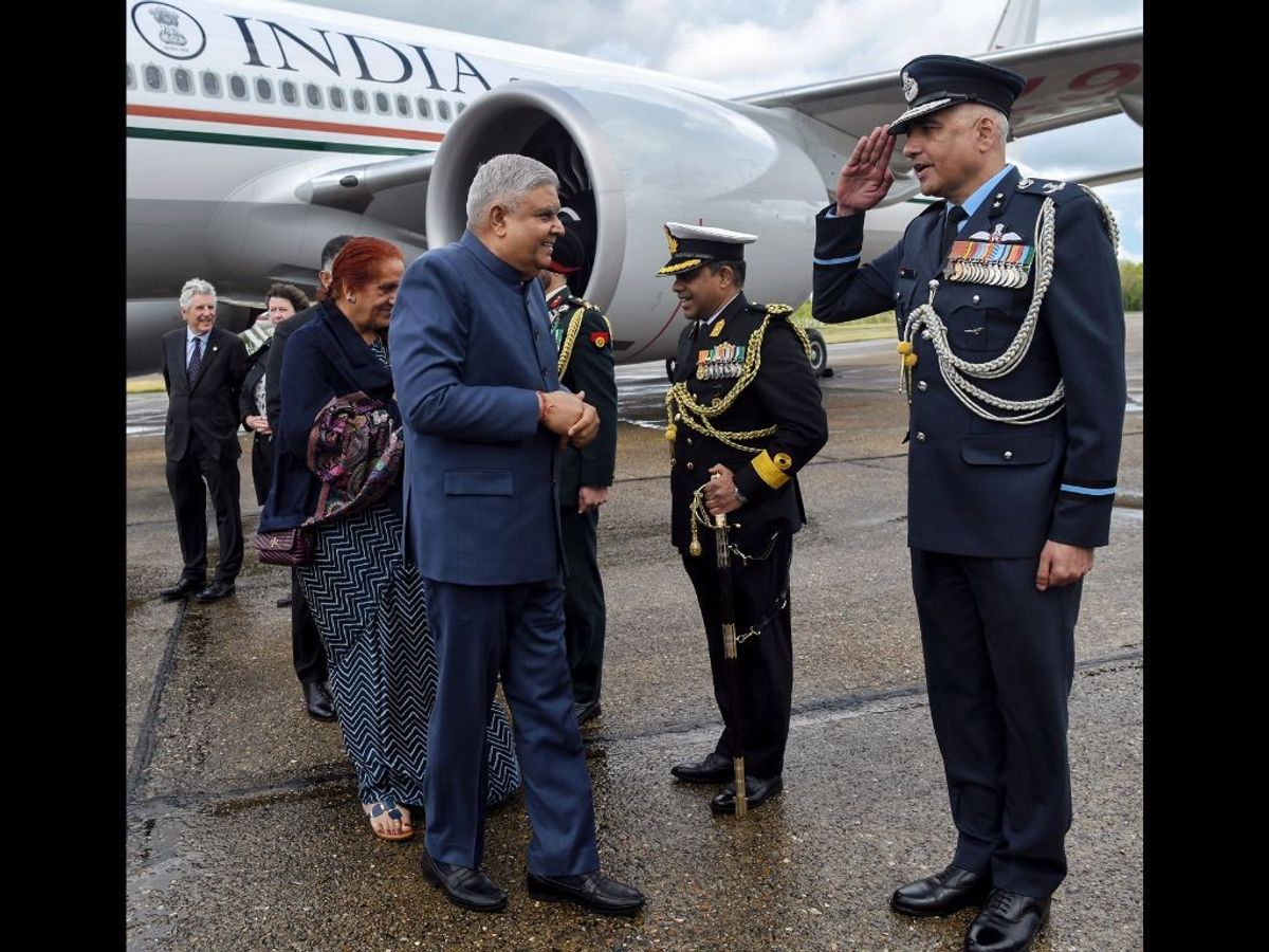 Indian vice president Jagdeep Dhankhar along with his wife Sudesh Dhankhar arrives in London on Friday, May 5, 2023, to take part in the coronation ceremony of King Charles III