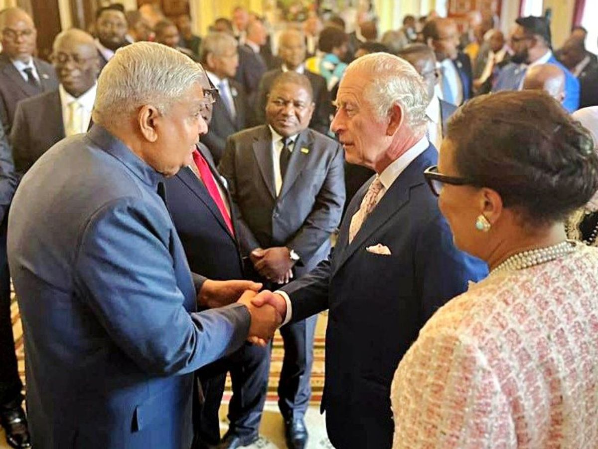 Indian vice president Jagdeep Dhankhar meets British King Charles III during the Commonwealth Reception, in London