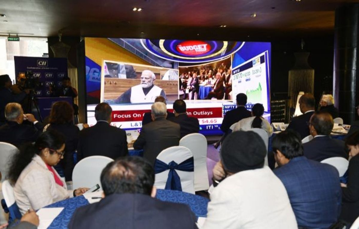 Industrialists and Confederation of Indian Industry (CII) members watch live telecast of the Narendra Modi government's interim budget 2024 presented by finance minister Nirmala Sitharaman at the parliament, at Hotel Le Meridien, in New Delhi