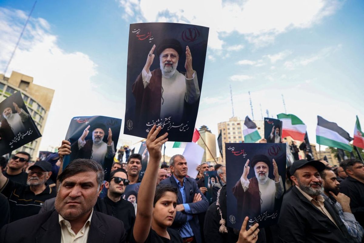 Iranians gather at Valiasr Square in central Tehran, the capital of Iran, to mourn the death of president Ebrahim Raisi, foreign minister Hossein Amir-Abdollahian and seven others in a helicopter crash