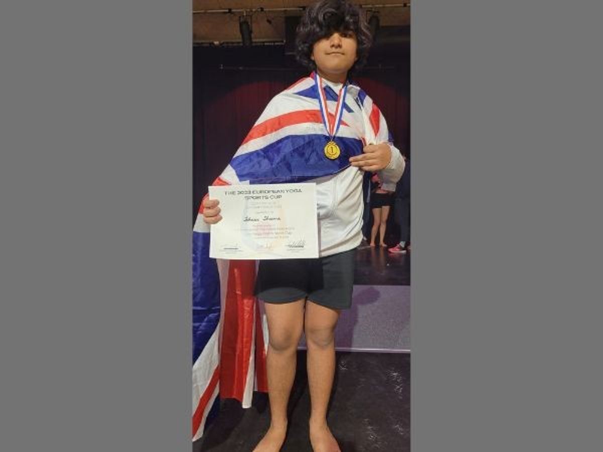 Ishwar Sharma with his gold medal and certificate at the European Yoga Sport Championship 2023 in Malmo, Sweden.