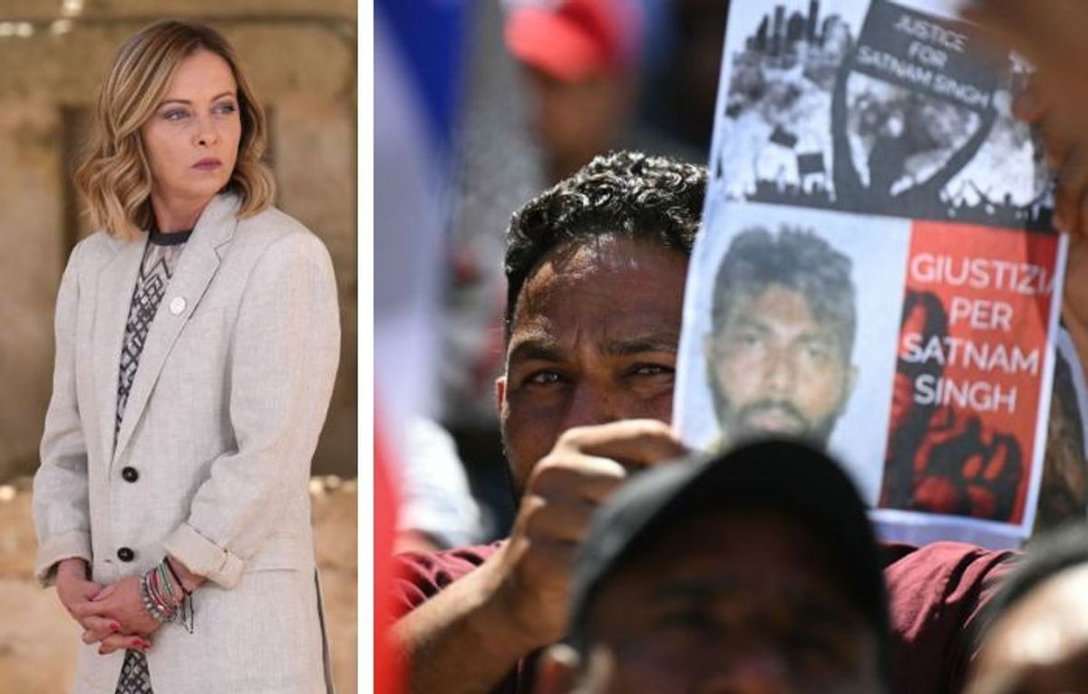 Italy PM Giorgia Meloni (L) and protests in her country