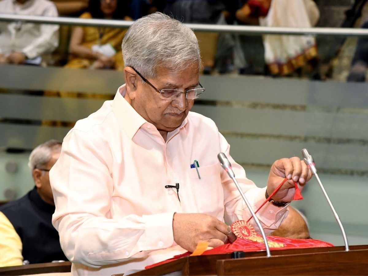Kanubhai Desai, finance minister of the Indian state of Gujarat, presents the State Budget 2023-24