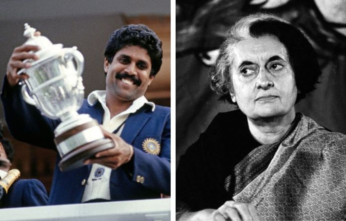 Kapil Dev (L) and Indira Gandhi