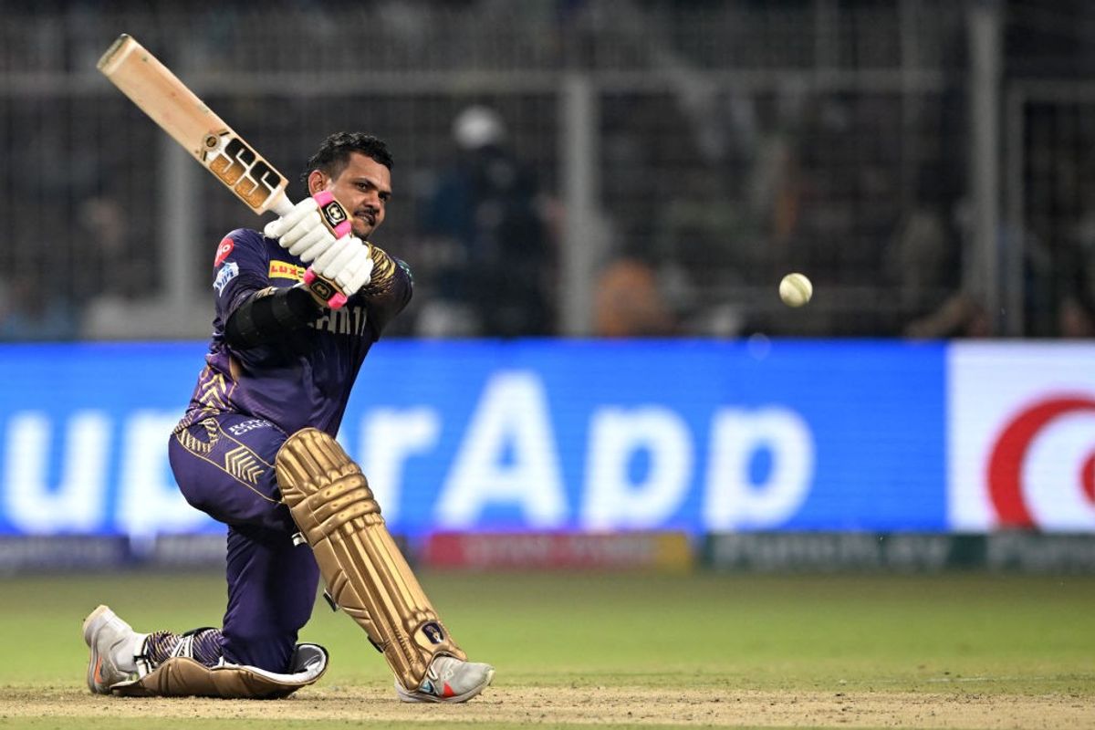 KKR batter Sunil Narine hits a shot against RR in IPL 2024 at Eden Gardens