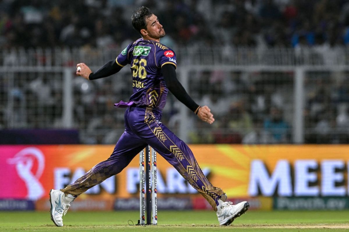KKR bowler Mitchell Starc bowls in IPL 2024