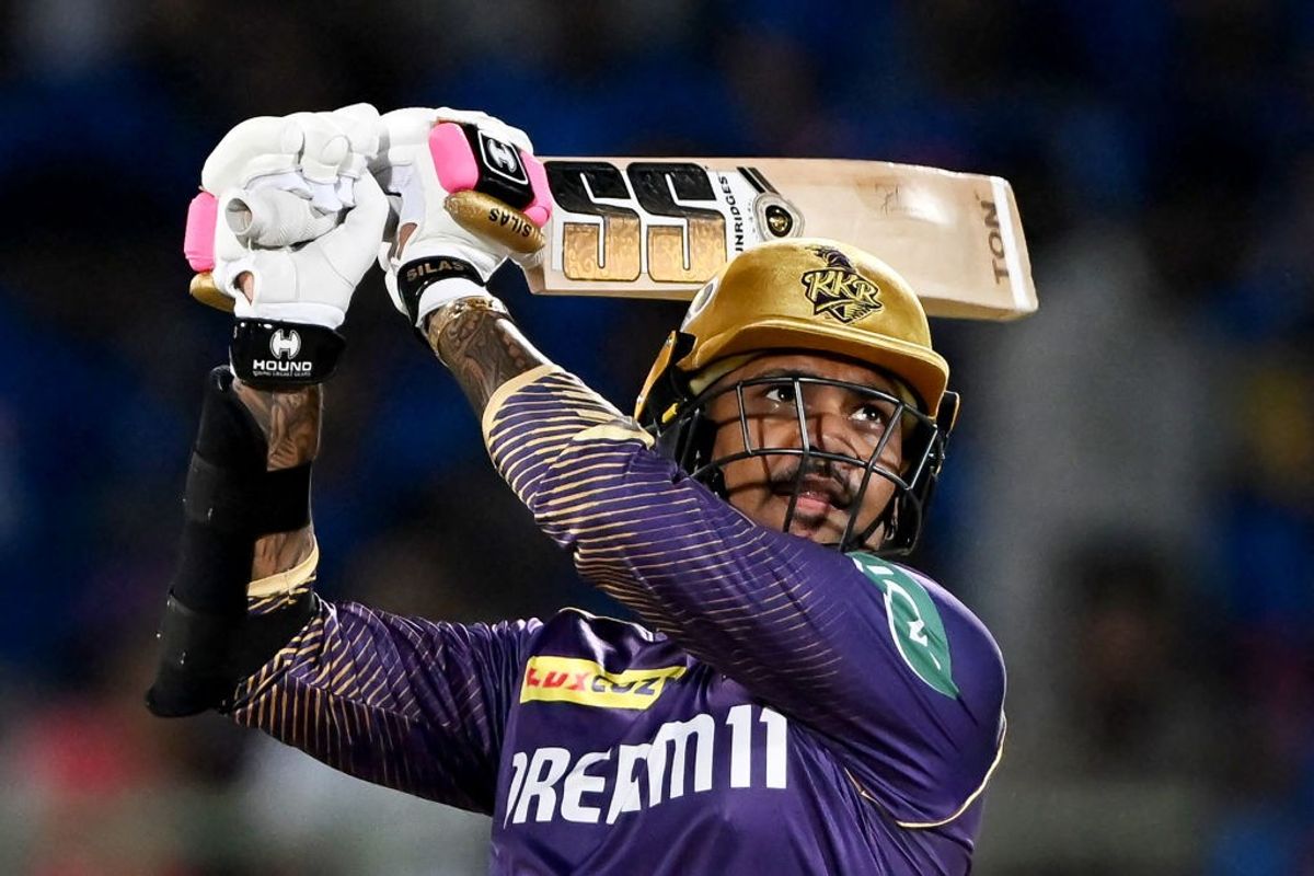 KKR's Sunil Narine hits a shot against DC in IPL 2024