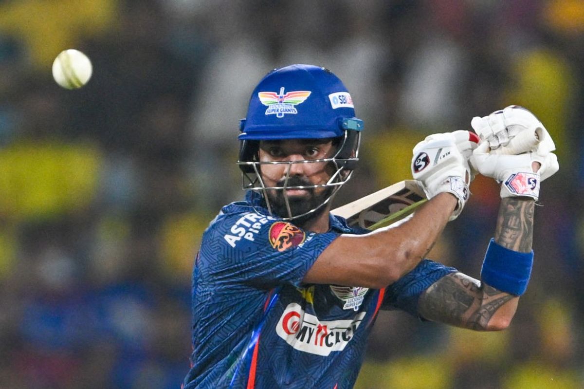 KL Rahul plays a shot against CSK in IPL 2024