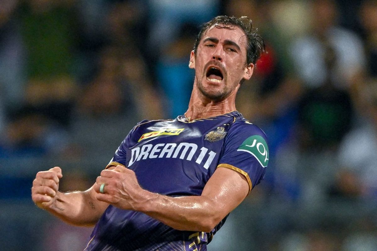 Kolkata Knight Riders bowler Mitchell Star celebrates a wicket in IPL 2024