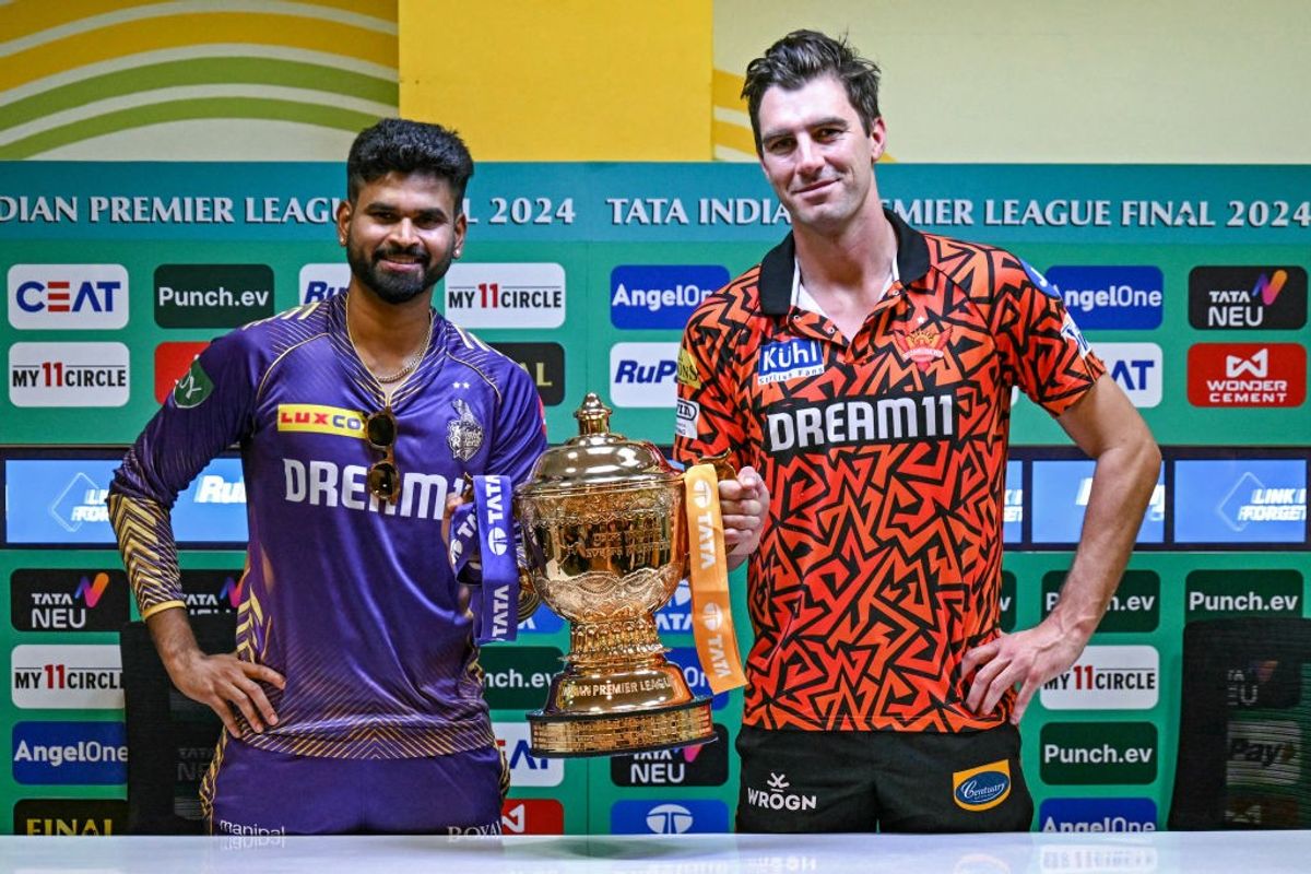 Kolkata Knight Riders captain Shreyas Iyer (L) and his Sunrisers Hyderabad counterpart Pat Cummins ahead of IPL 2024 final