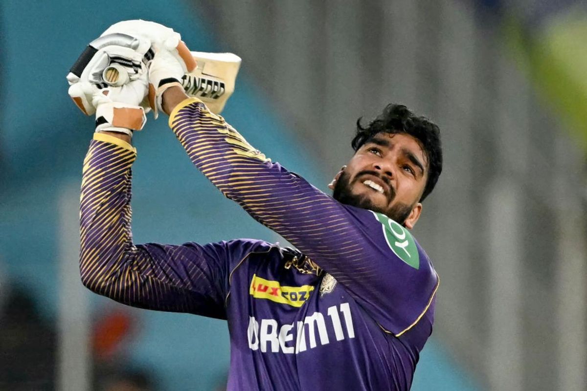Kolkata Knight Riders' Venkatesh Iyer plays a shot in IPL 2024