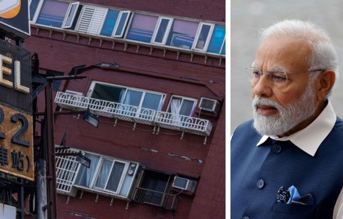 (L-R) A building damaged in Taiwan earthquake of April 3, 2024, and Indian PM Narendra Modi
