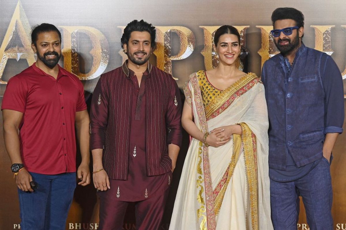 (L-R) Actors Devdatta Nage, Sunny Singh, Prabhas and Kriti Sanon attend the trailer launch of their mythological movie 'Adipurush' in Mumbai