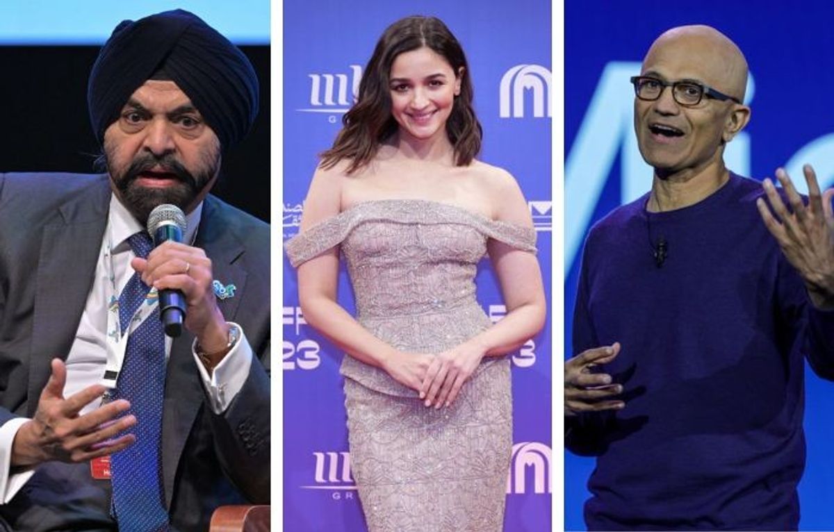(L-R) Ajay Banga, Alia Bhatt and Satya Nadella