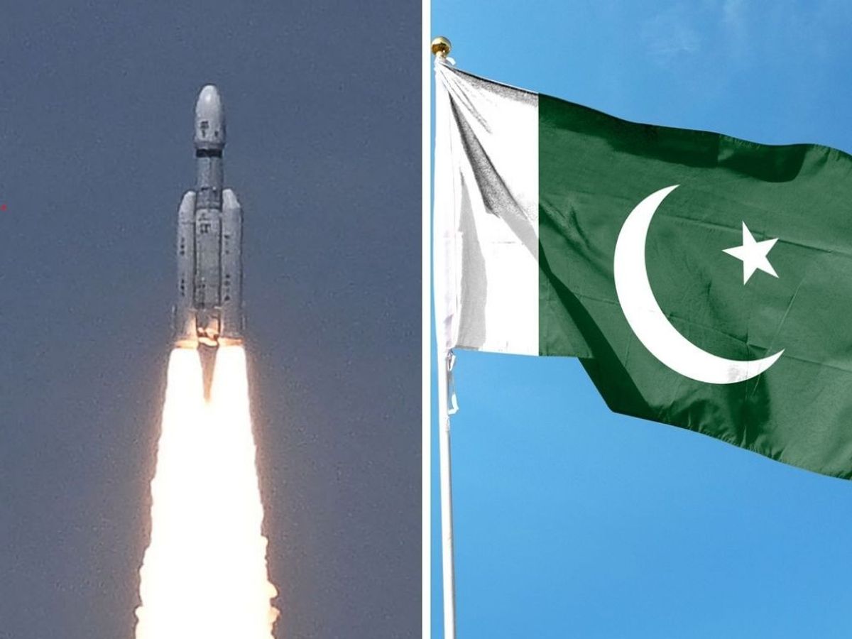 (L-R) An Indian Space Research Organisation rocket carrying the Chandrayaan-3 spacecraft lifts off from the Satish Dhawan Space Centre in Sriharikota, an island off the coast of southern Andhra Pradesh state on July 14, 2023 and the flag of Pakistan