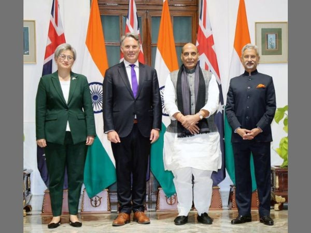 (L-R) Australian foreign minister Penny Wong, Australian deputy prime minister and defence minister Richard Marles pose for a picture with Indian defence Minister Rajnath Singh and external affairs minister Subrahmanyam Jaishankar after the 2+2 ministerial meeting,