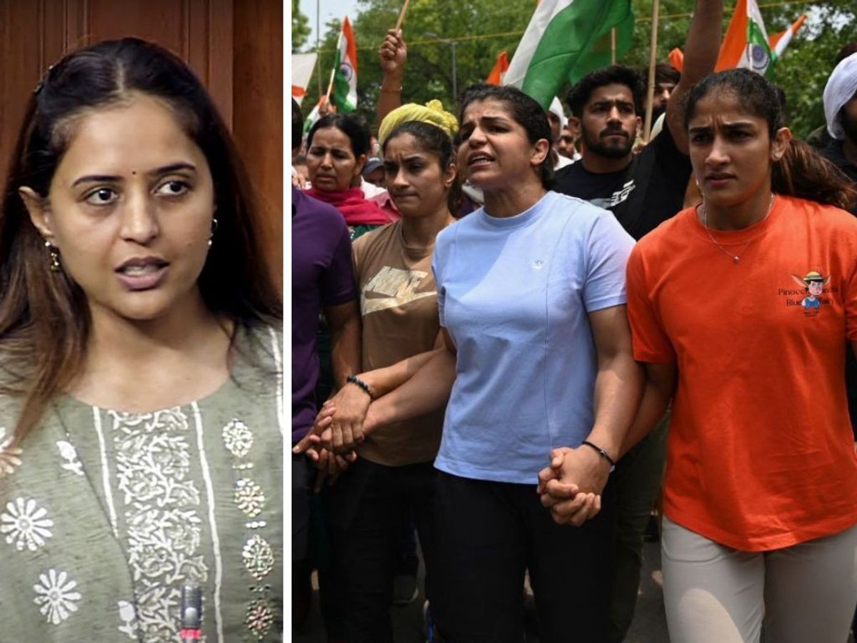 (L-R) BJP MP Pritam Munde and protesting Indian wrestlers
