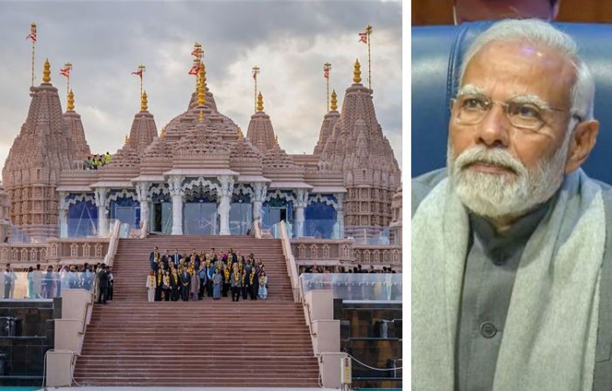 (L-R) Diplomats from several countries at BAPS Hindu temple in Abu Dhabi, UAE, and Indian PM Narendra Modi