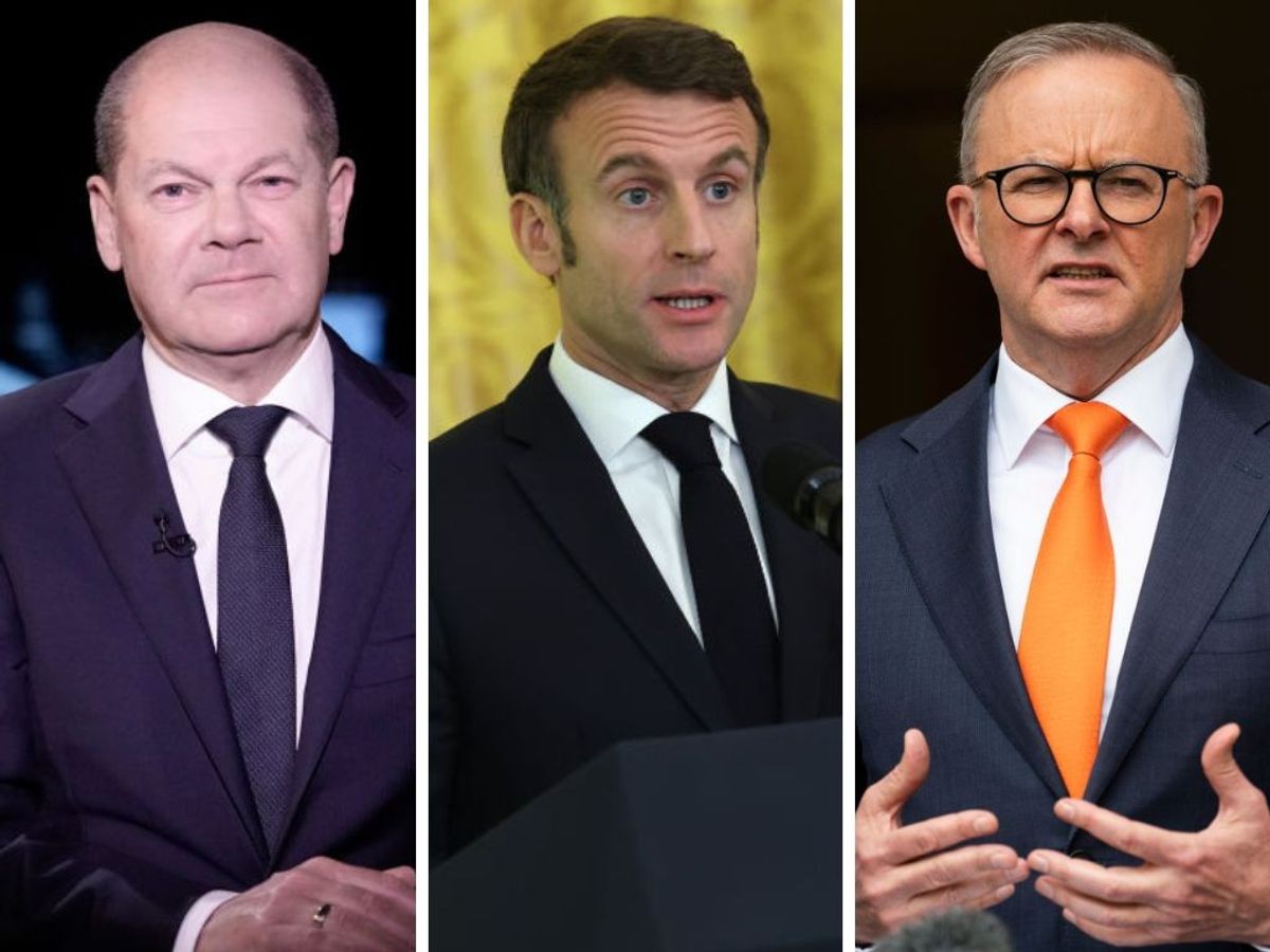 (L-R) German chancelor Olaf Scholz, French president Emmanuel Macron, and Australian prime minister Anthony Albanese