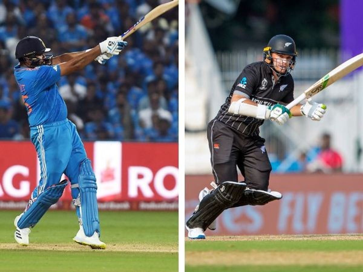 (L-R) India captain Rohit Sharma and his New Zealand counterpart Tom Latham