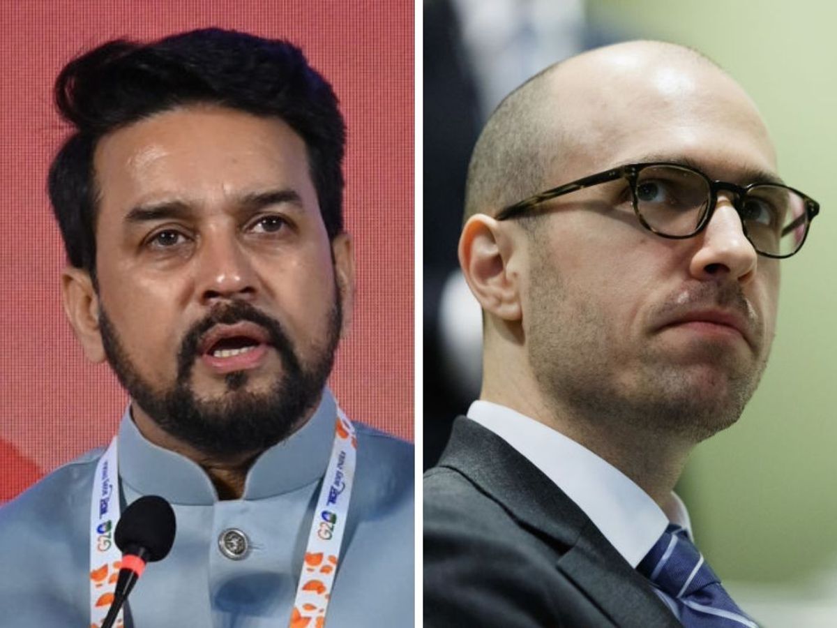 (L-R) Indian information and broadcasting minister Anurag Thakur and The New York Times chairman A G Sulzberger