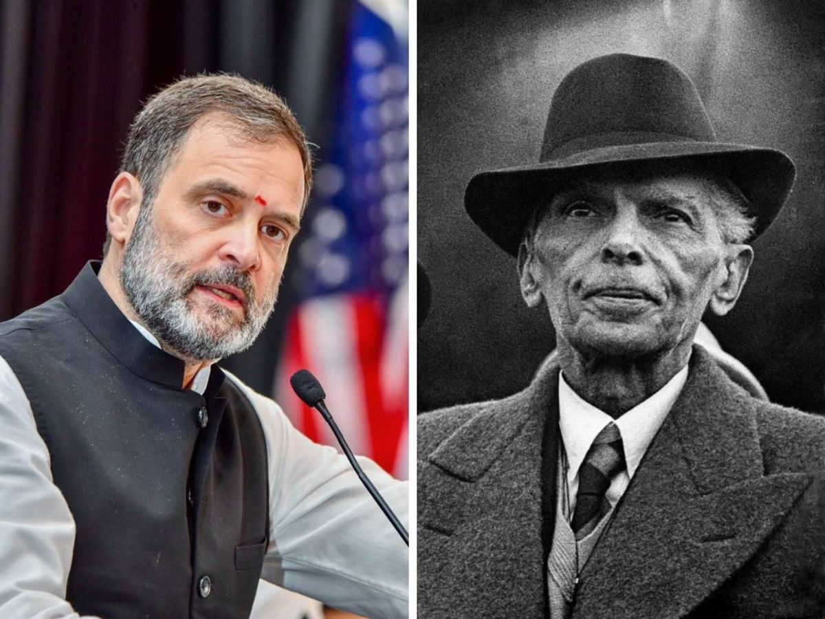 (L-R) Indian National Congress leader Rahul Gandhi speaks in the US and founder of Pakistan Muhammad Ali Jinnah