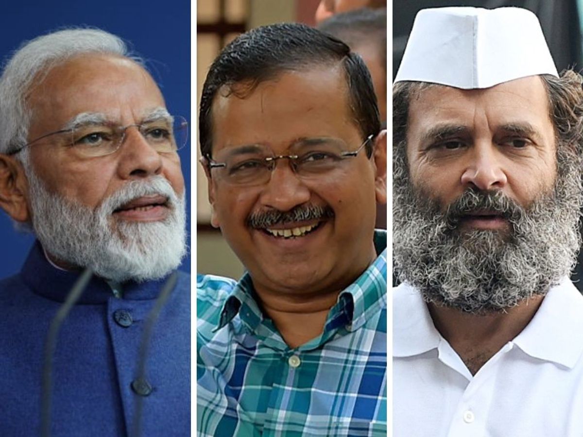 (L-R) Indian PM Narendra Modi, AAP leader Arvind Kejriwal and Indian National Congress leader Rahul Gandhi